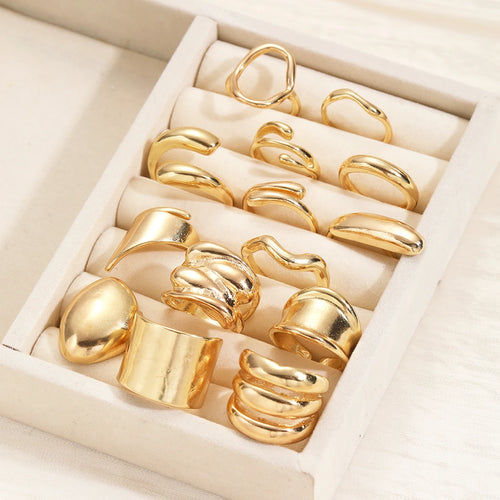 14Pcs/Set Vintage Smooth Open Rings Set for Women Geometric Creative Irregular Gold Color Finger Rings Trendy Daily Jewelry Gift